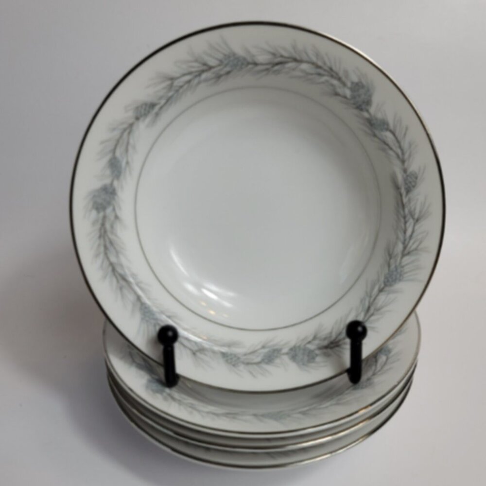 FOUR Style House Duchess Fruit Dessert Sauce Bowls White with Blue Pinecones